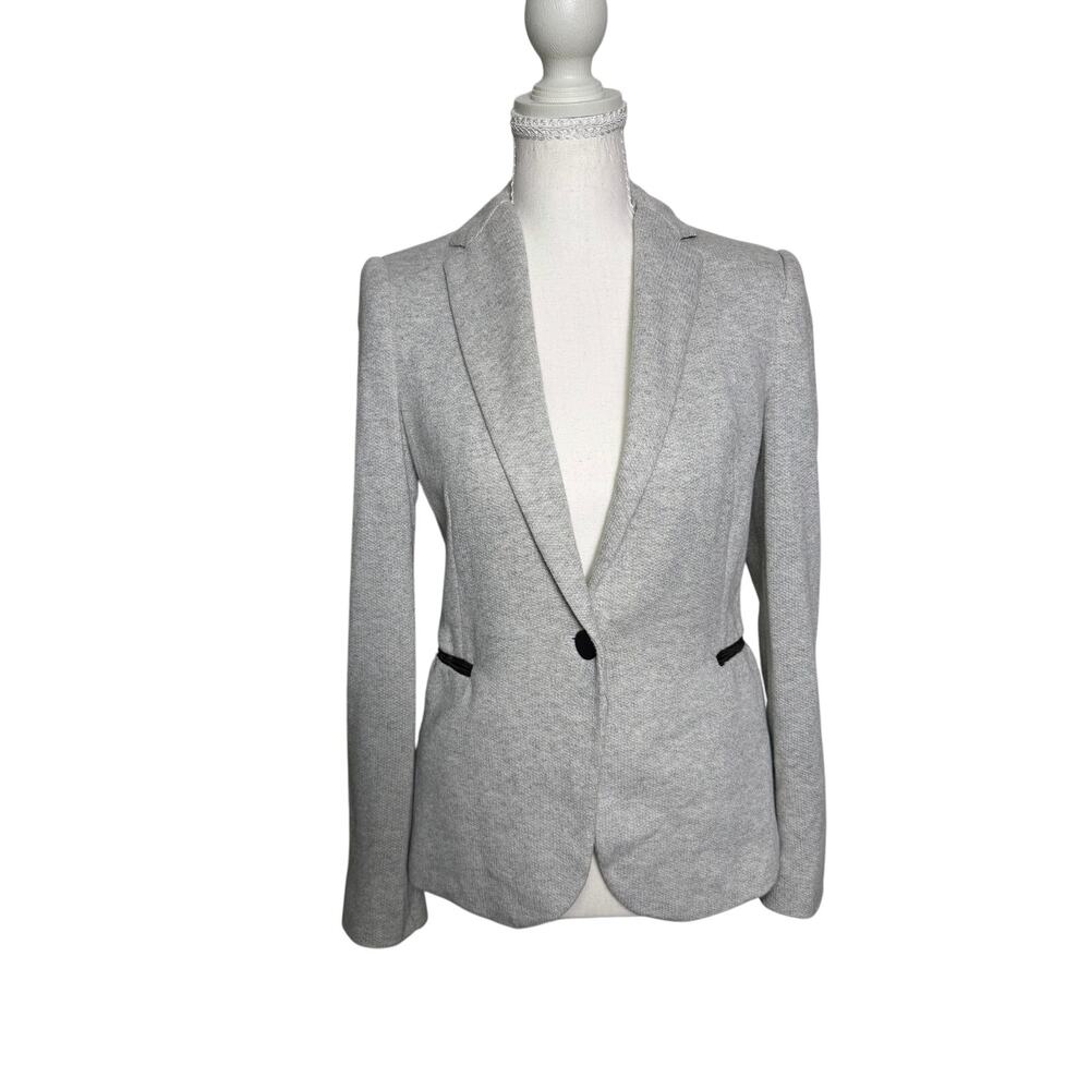 Zara Basic Gray Knit Blazer Black Trim Single Button Tailored Jacket